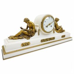 French- Fine early 20th century 8-day white marble mantle clock, on a rectangular stepped plinth with recessed brass banding and inset oval brass panels with raised scroll and leaf decoration, drum cased Parisian  movement flanked by a pair of seated cast brass figures taken from classical antiquity, with a convex white enamel dial and glazed cast brass bezel, Arabic numerals and minute markers with matching pierced brass hands, twin train going barrel movement with a recoil anchor escapement and rack striking, sounding the hours and half hours on a bell. With pendulum.  