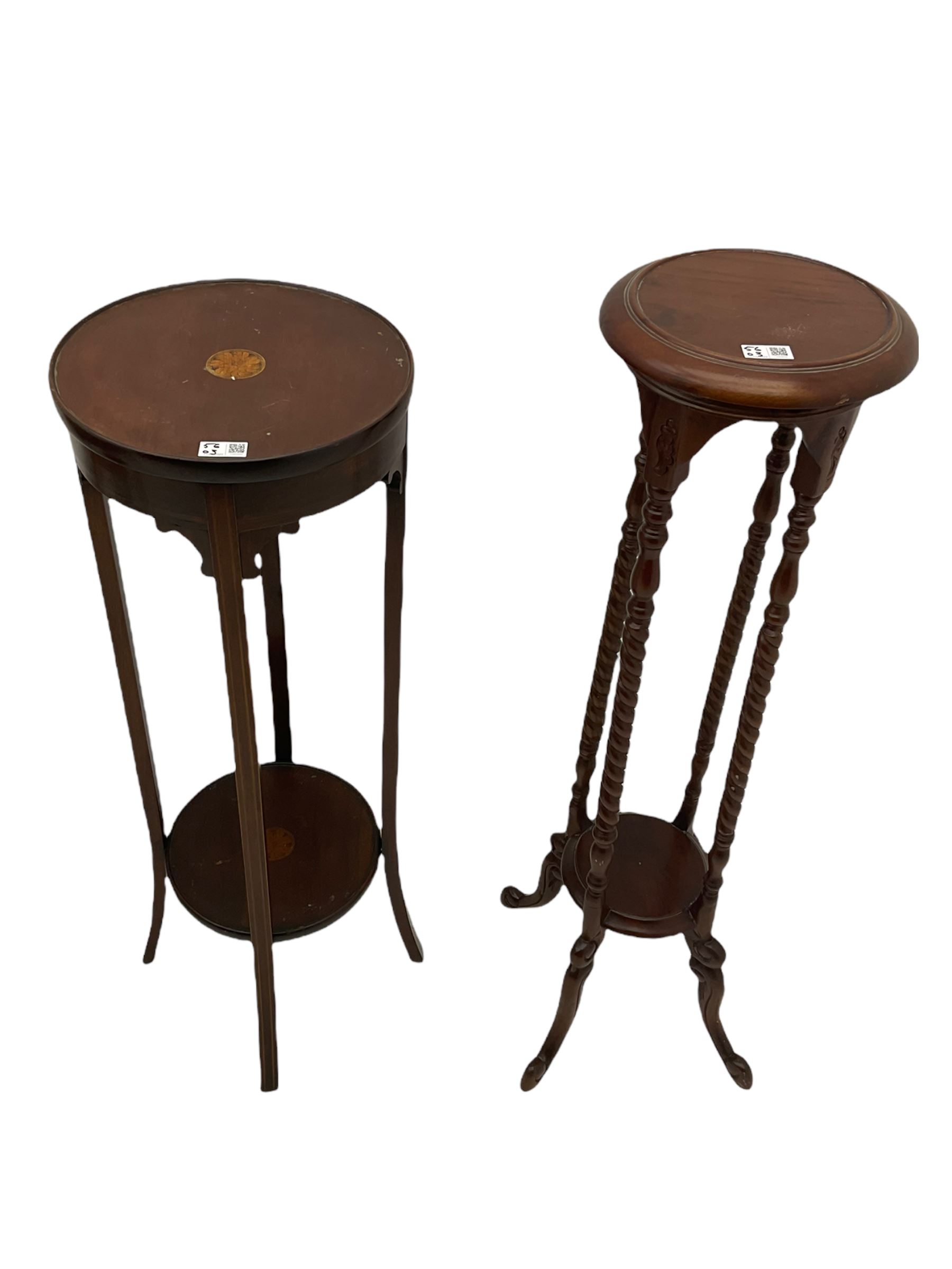 Edwardian mahogany plant stand, mahogany plant stand, two smokers stands, mahogany centre table, side table with drawer, hardwood folding chair, Edwardian mirror glazed corner cabinet and an occasional table (9)