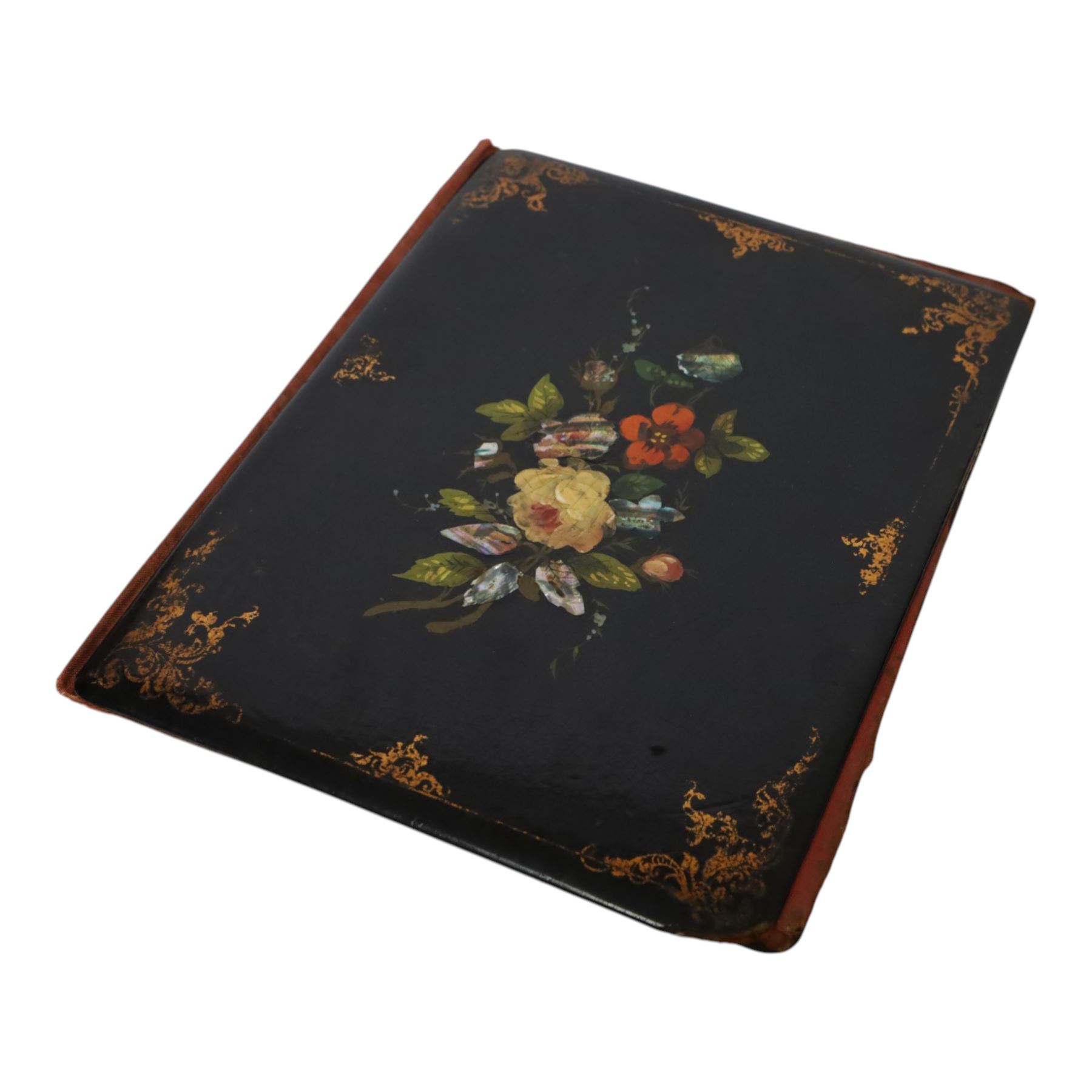 Victorian papier mache blotter folder hand painted floral detail the other with mother of pearl inlaid detail, together with an artist's painting box, the hinged lid opening to reveal a tray of ceramic paint cup, with draw beneath, artist box H8cm, L24cm