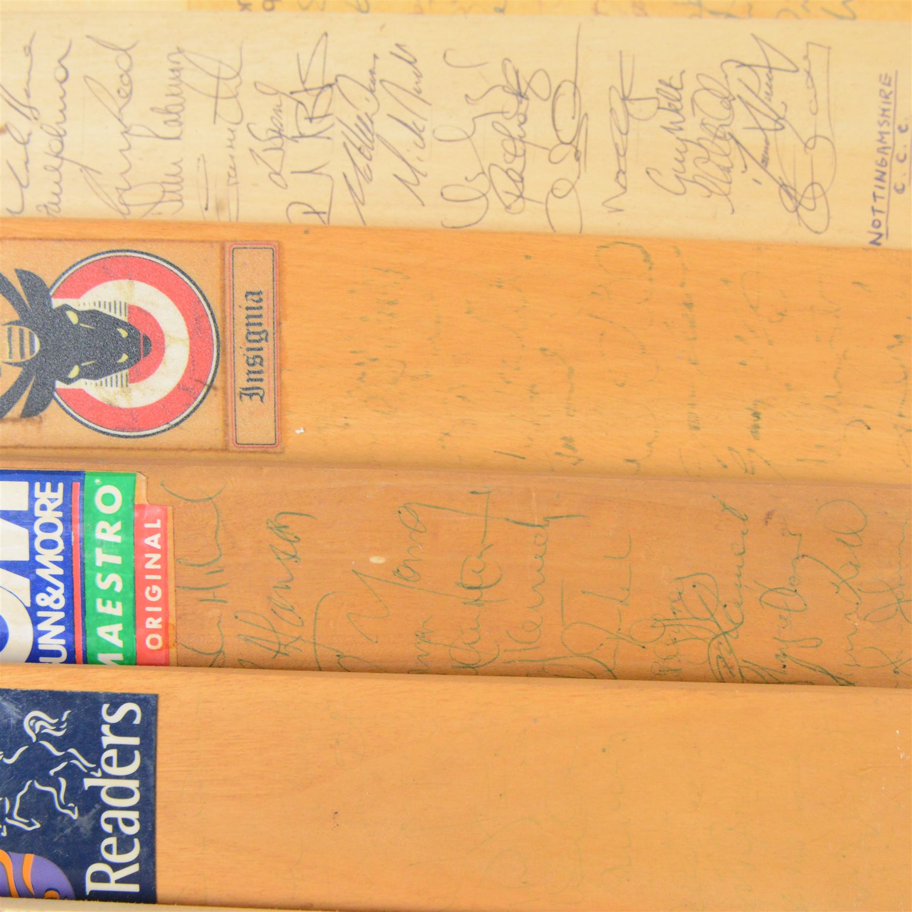 Nine signed miniature cricket bats, each signed by 1990s/2000s County Cricket teams and single players, including Paul Franks Nottinghamshire 2005  Worcestershire 1998, Derbyshire 1994, Nottinghamshire 1999 etc