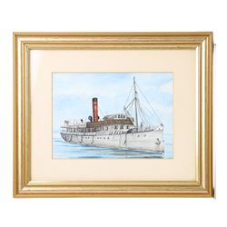 R A Pacey (British): clipper, tugboat, paddle steamer and steamboat, four watercolours, two signed, largest painting H12cm, W20cm