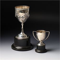 Victorian silver cup with embossed decoration on a plastic base, height of cup 16cm Birmin...