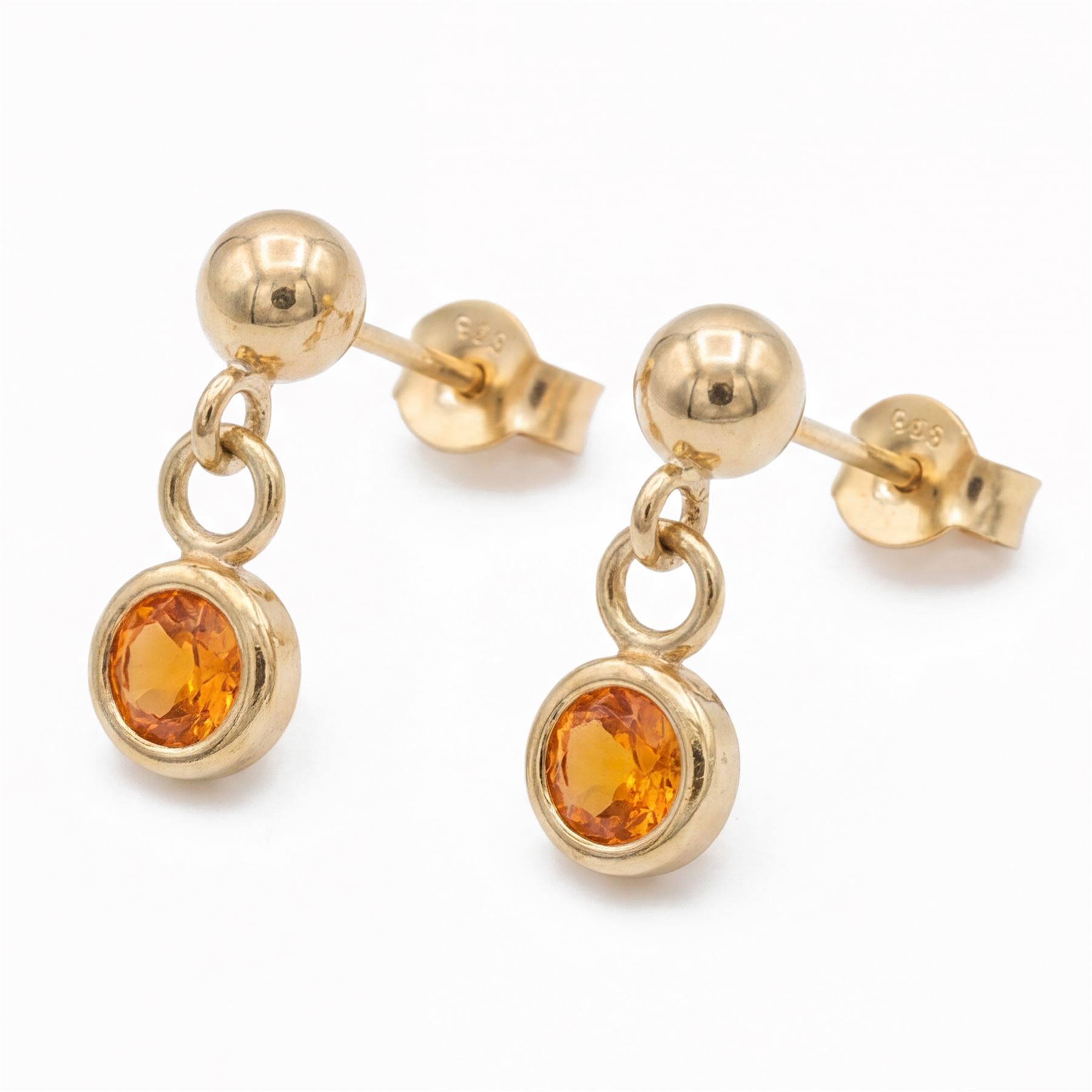 Pair of 9ct gold fire opal pendant earrings, each stud set with a single round cut opal, stamped 375
