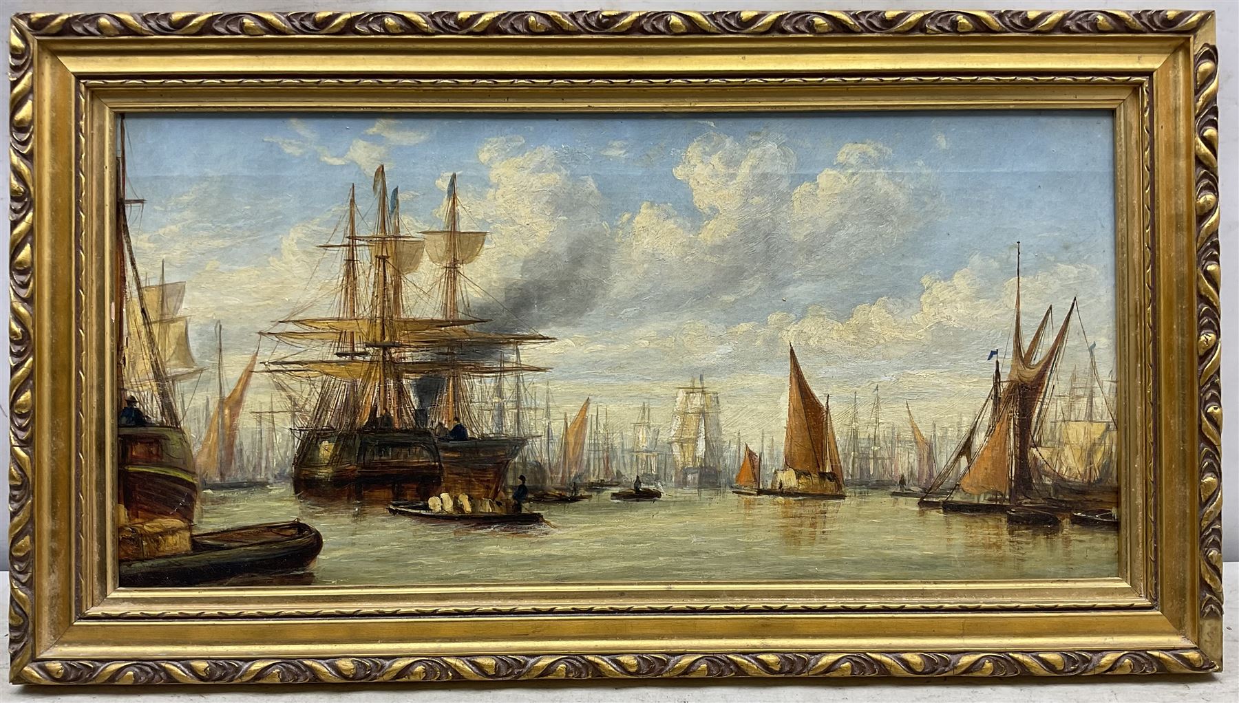 Manner of Claude T Stanfield Moore (British 1853-1901): Busy Shipping scene Pool of London, oil on canvas unsigned 27cm x 58cm 