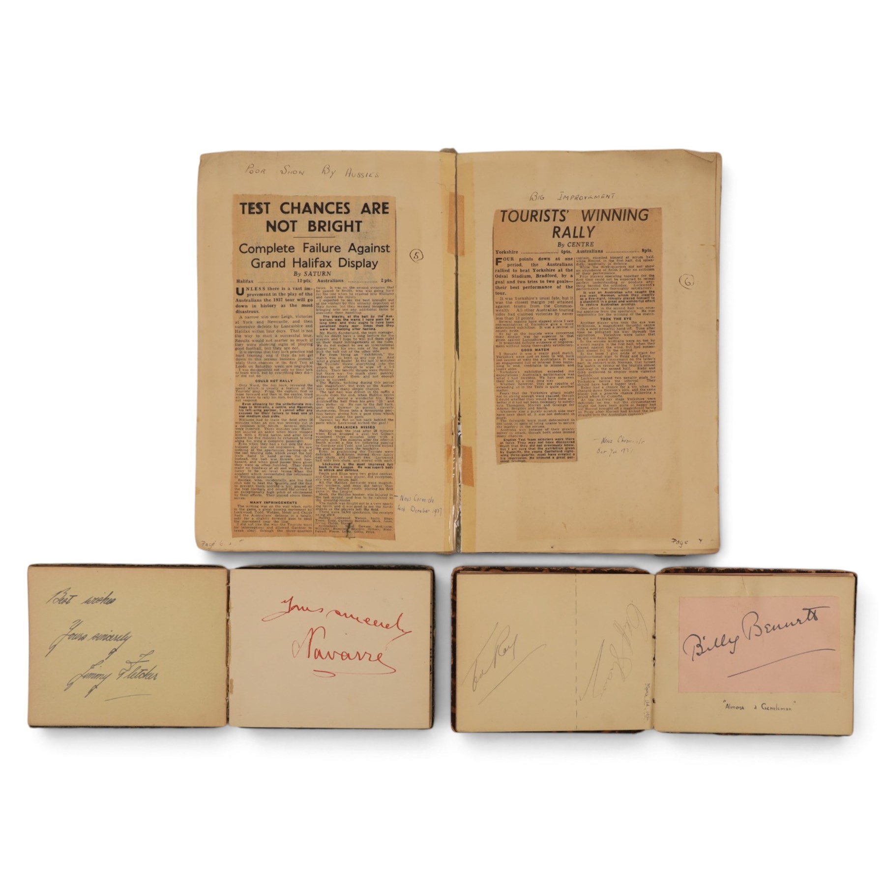 Three 1930s autograph and scrap books, comprising a scrap book documenting the Australian Rugby League team tour of England and France 1937 with newspaper clippings and a collection of signatures in pencil including Wally Prigg, Harry Pearce and Jack Reardon and two autograph books from 1935 and 1936, with signatures including players from St Helens RLFC, Yorkshire Cricket Club, Hull FC, Dewsbury RLFC, Blackpool FC, Salford RLFC, Leeds RLFC, Batley RLFC, Wigan RLFC, Manchester United, Hull Baseball Club, Tottenham Hotspur FC, and assorted entertainment signatures from theatres of the time 