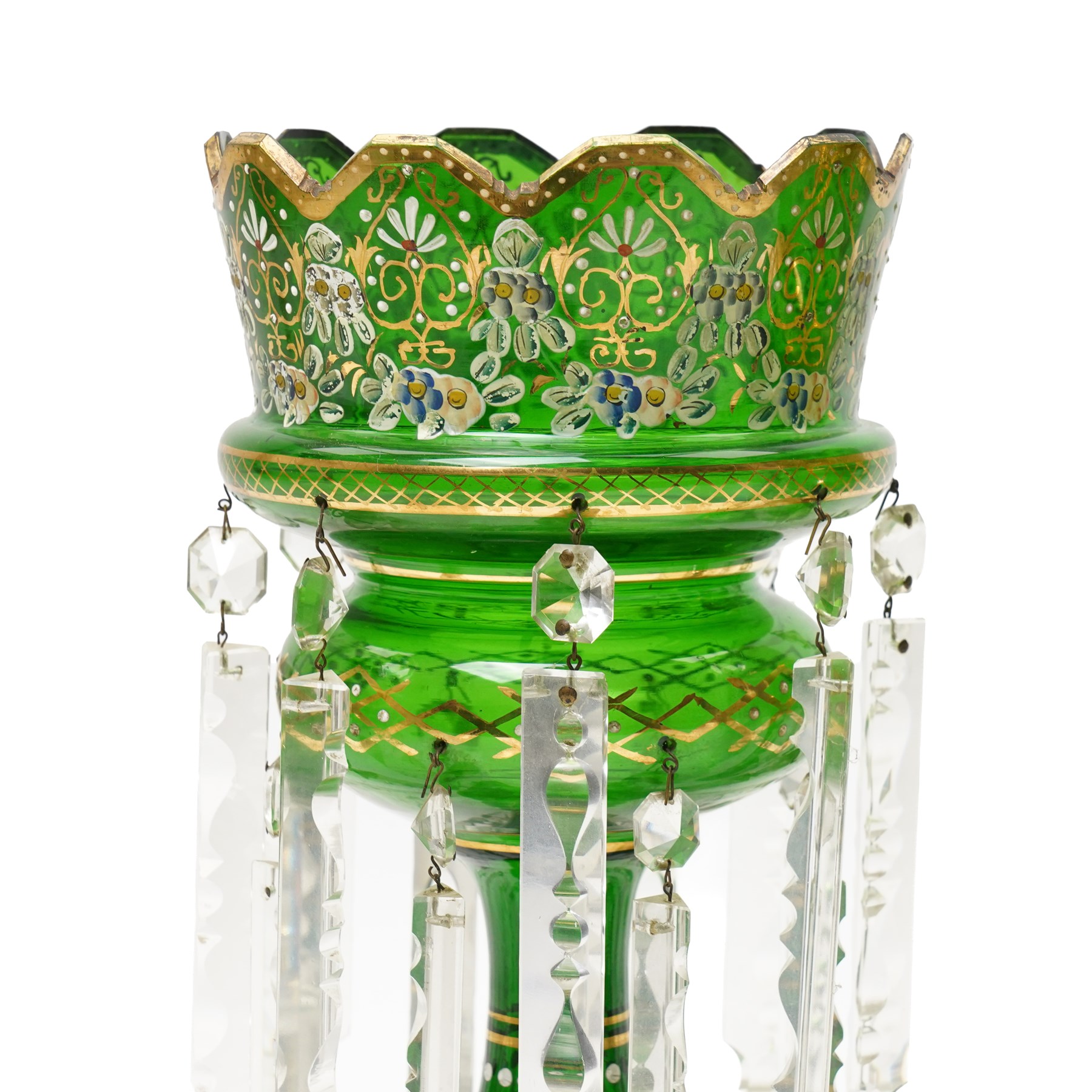 Pair of Victorian green glass mantle vases decorated with flowers in gilt and hung with spear cut lustre drops, H35cm (2)