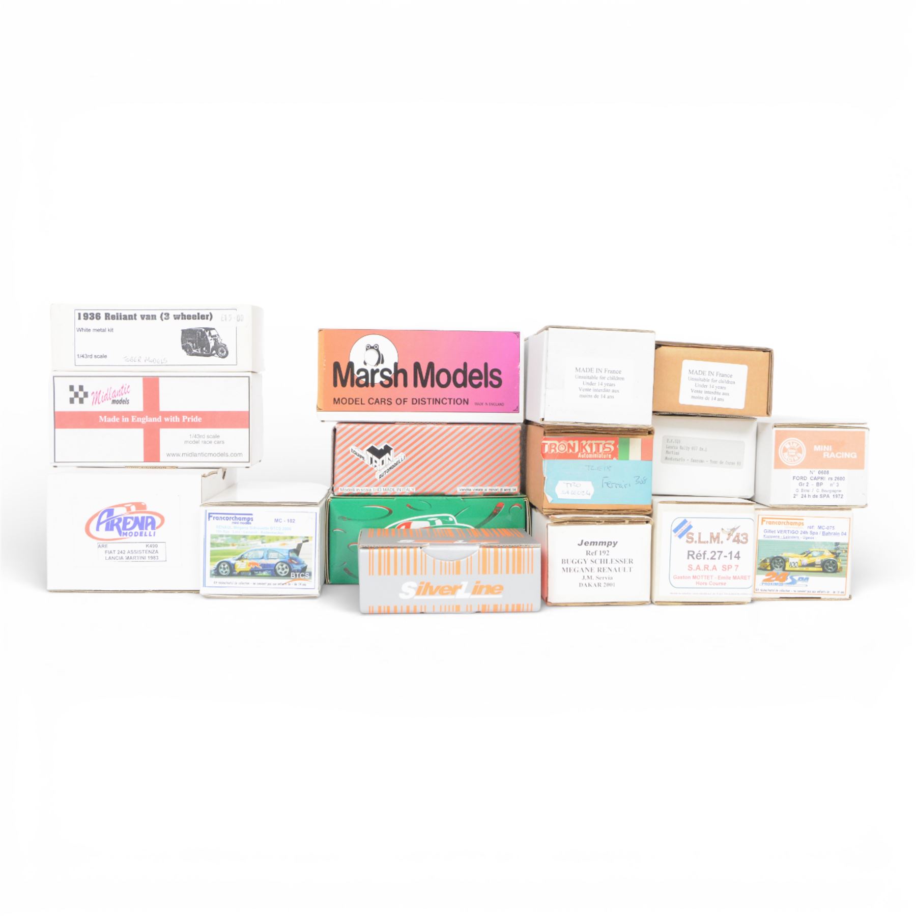 Sixteen resin and white metal model car kits, including Marsh Models Crosal Cheetah, Tron Kits Ferrari 308, Jemmpy Buggy Schelesser Megane Renault, Arena Models Fiat Service Van, Francorchamps Renault Megane Silhouette, Midlantic Models Maserati Birdcage, MEA Kit Dessert Warrior, etc, all boxed