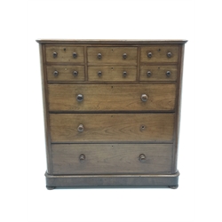  Victorian mahogany chest, six short and three long drawers, bun feet, W123cm, H132cm, D58cm  