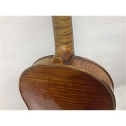 German trade violin in the Steiner style c1900 with 35.5cm two-piece maple back and ribs and spruce top L59cm overall; in fitted carrying case with two bows; and a Saxony violin with 35.5cm one-piece maple back and ribs and spruce top L58.5cm overall (2)