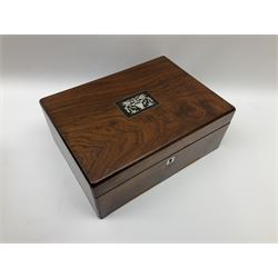 19th century rosewood sewing box, of sarcophagus form with foliate mother of pearl inlaid decoration, upon four compressed bun feet, H15cm L25cm D19cm, together with a further 19th century rosewood box, the hinged cover with rectangular plaque inset with mother of pearl detail, H11.5cm L30cm D22cm, (2)