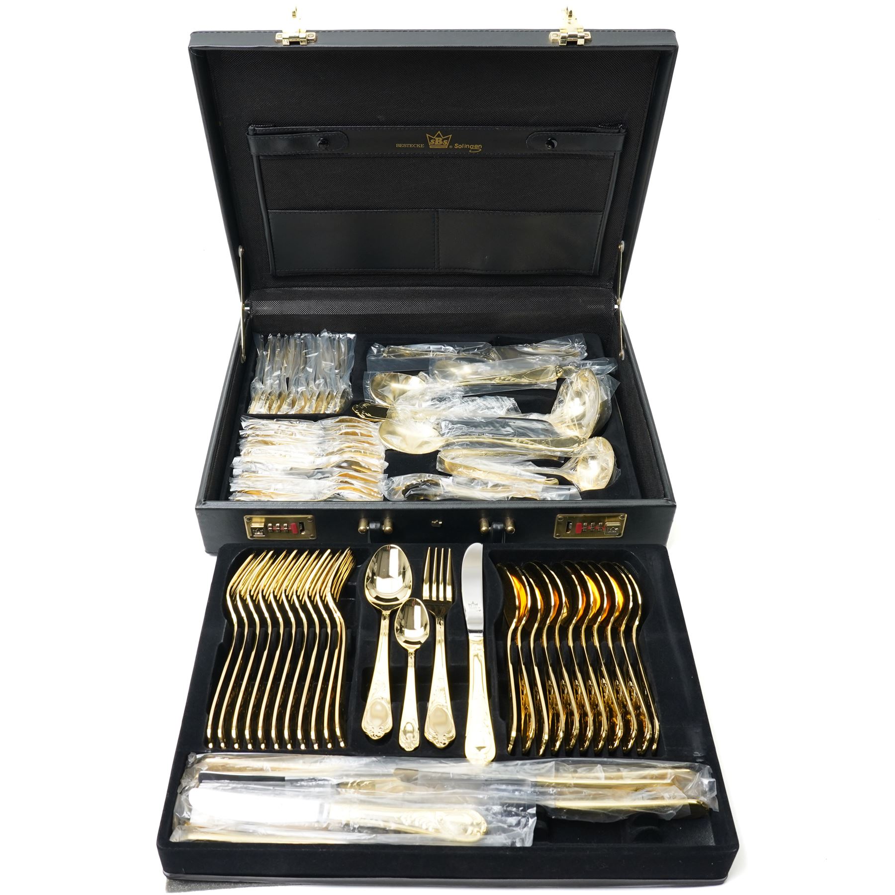 Bestecke SBS Solingen gold-plated canteen of cutlery for twelve persons, in briefcase holder