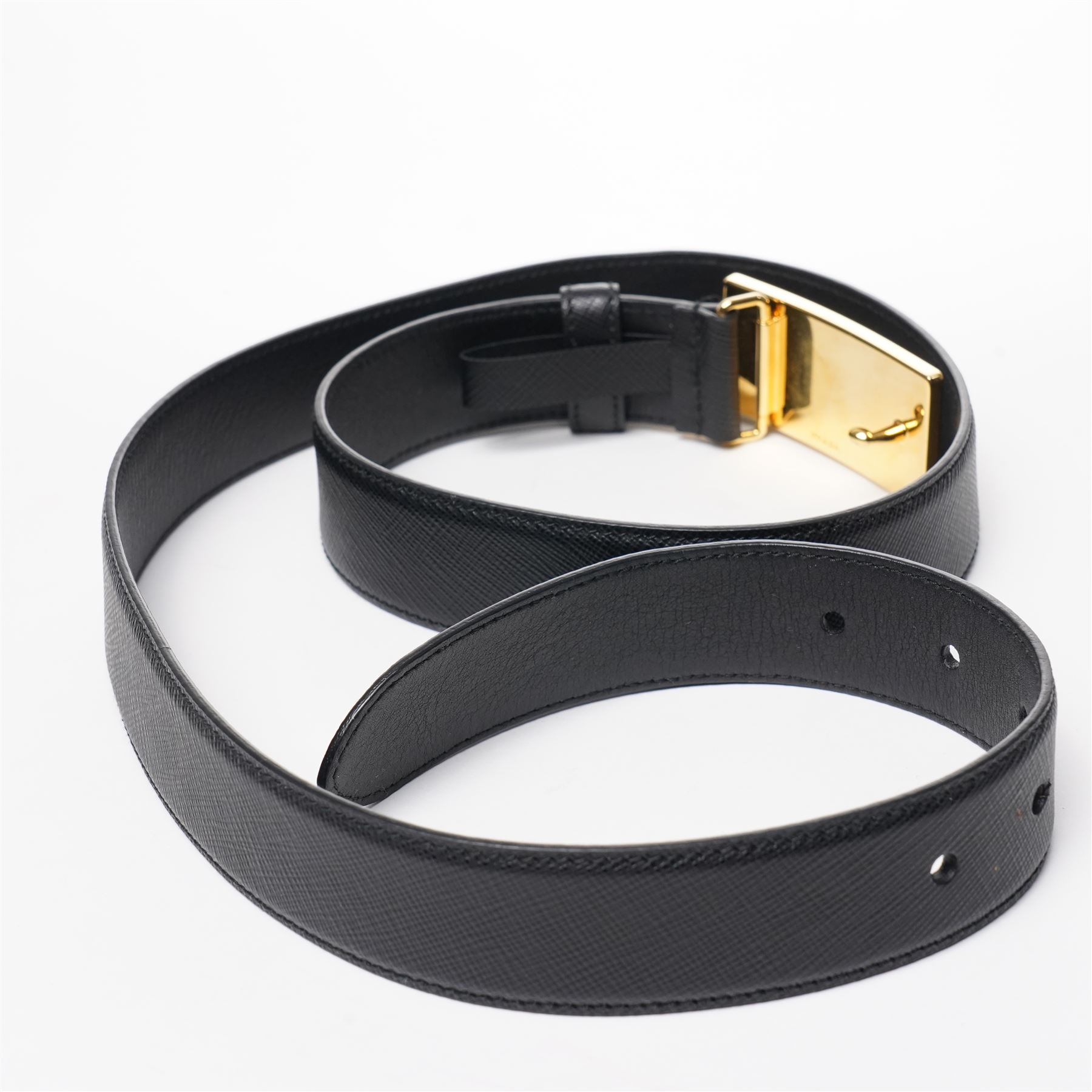 Prada - black Saffiano leather belt with gold-tone hardware logo buckle, size 36/90, with original dust bag