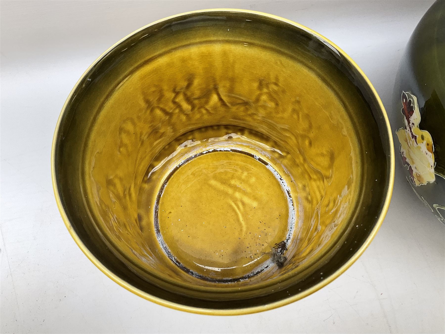 Wedgwood majolica comport, moulded with basket weave and foliage decoration, together with Imperial & Bonn and Sylvac jardinières, sylvac H18cm