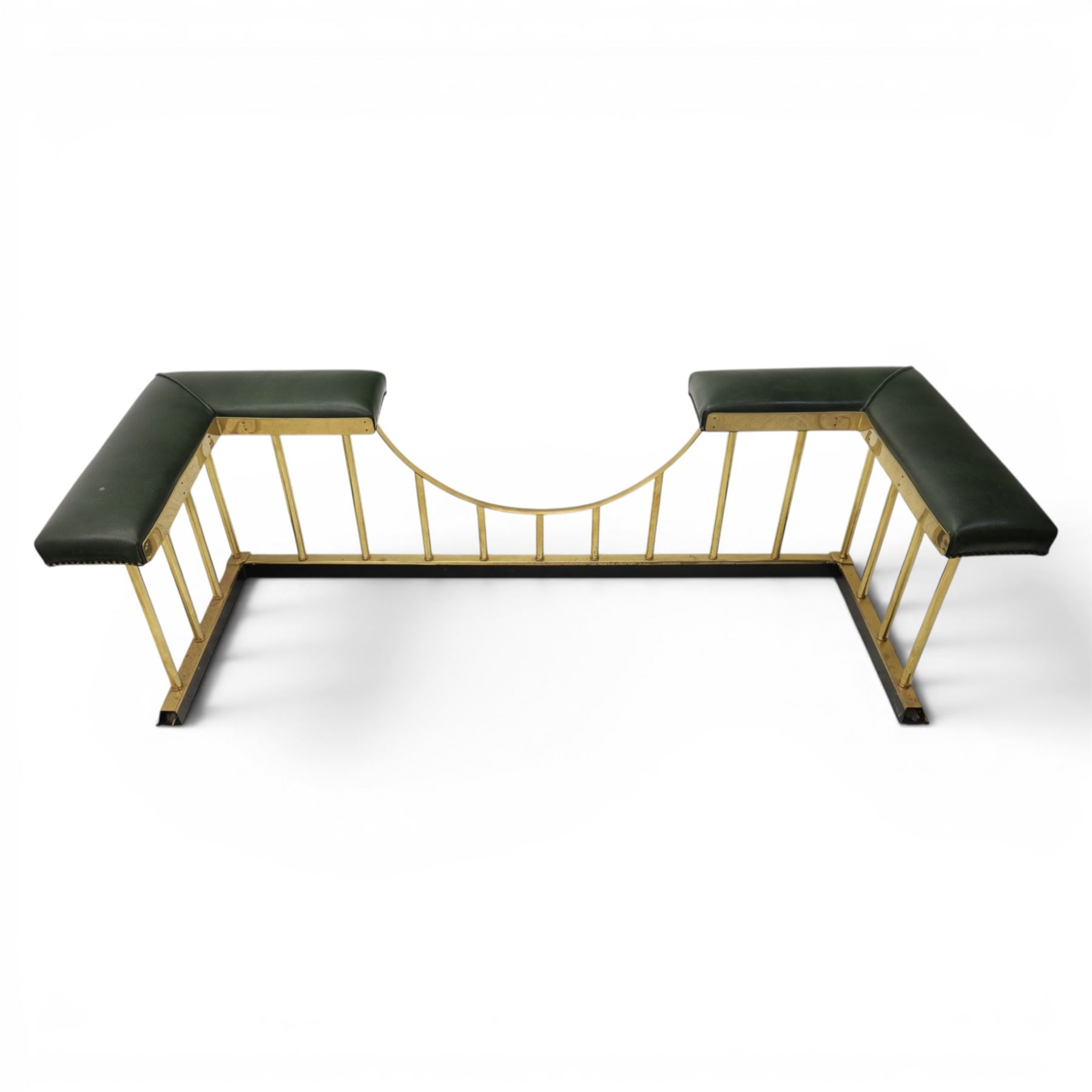 Regency design brass and green leather club fender, padded cushion corners