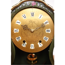  'Eluxa' French style cartouche shaped mantel clock, green finish with painted floral decoration, H31cm  