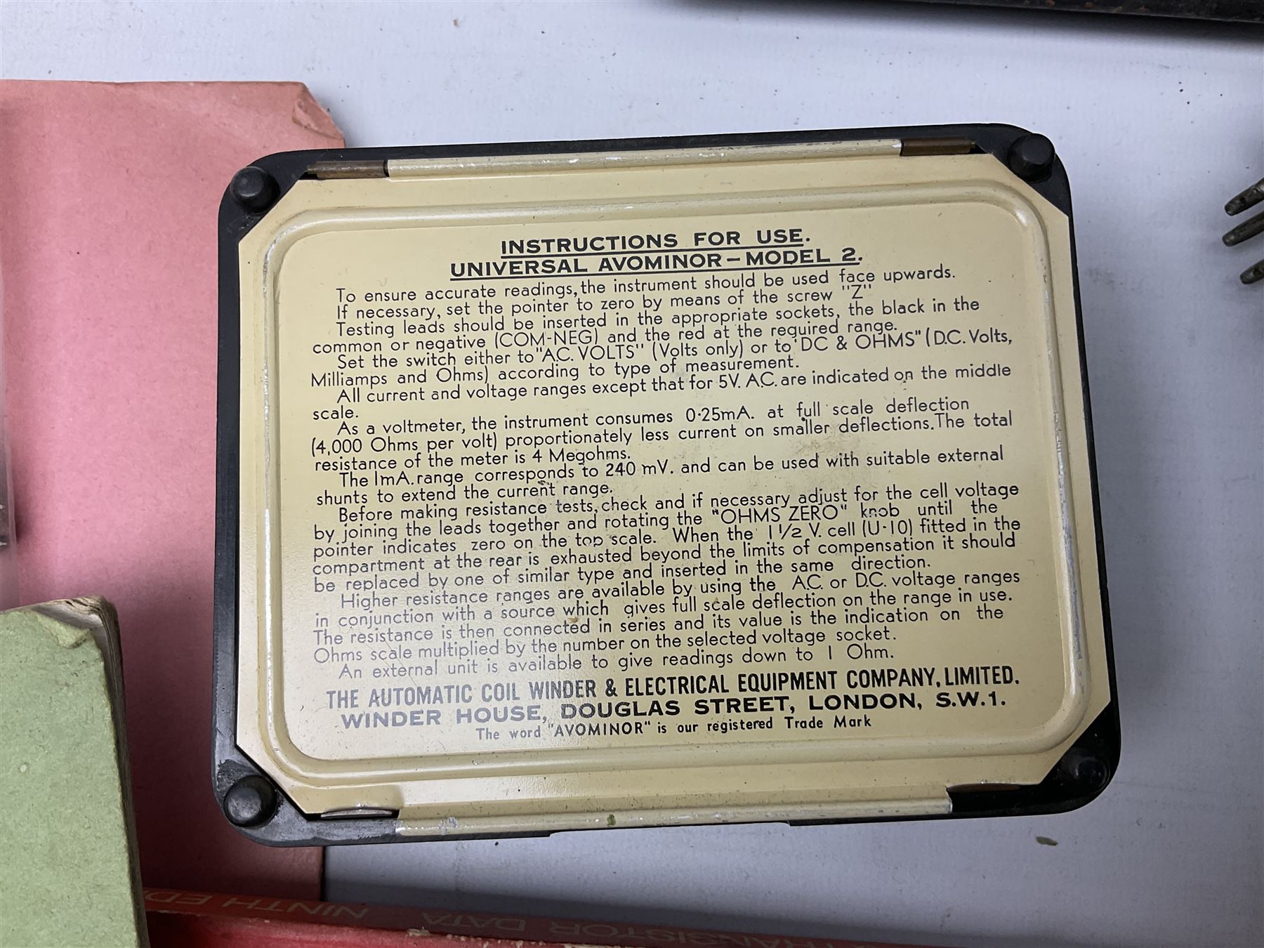 AVO valve tester, British Patent 480752 by the Automatic Coil Winder & Electrical Equipment Co Ltd, together with 16-type plug board with connecting lead, AVO wide range signal generator with original instruction manural and AVO multimeters mk2 and mk4 etc