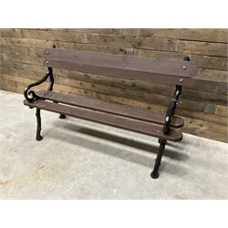 20th century tree cast iron and timber slatted garden bench, black painted frame with stained wood