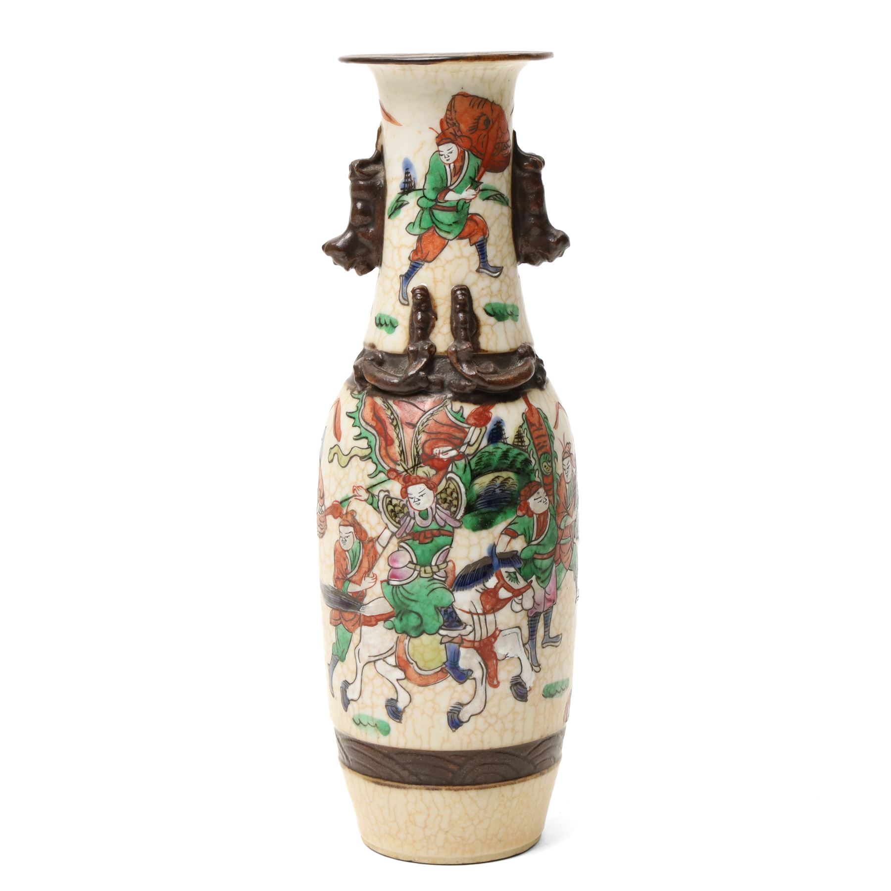 Chinese Nanking vase, painted with a scene of warriors, H28.5cm; together with a glazed figure of a Tang horse, a figure of an Emperor and a Tomb warrior (4)