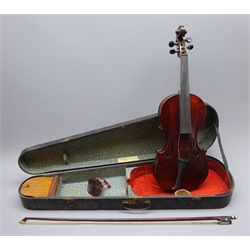  Late 19th century French violin c1890 with 36cm two-piece maple back and ribs and spruce top L59.5cm overall, in ebonised wooden caarrying case with bow  