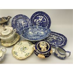 A group of Victorian and later ceramics, to include a 19th century Minton blue and white pedestal dish decorated in the Italian Ruins pattern, H11.5cm L30.5cm, a pair of Bloor Derby stands painted with forget-me-nots, two 19th century twin handled sucrier and covers, etc.  