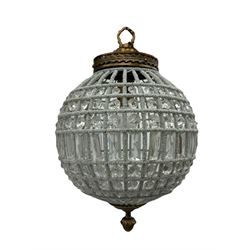 India Jane Interiors - pair of gilt metal and glass spherical ceiling light pendants, decorated with glass beads and pendants, foliage cast metal upper band, mounted by lower finial - ex-display/bankruptcy stock 