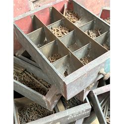 Collection of galvanised metal and wood workshop parts drawers and contents, early / mid 20th century.  - COLLECTION BY APPOINTMENT FROM: The White House, Thirsk Road, Easingwold, York, YO61 3NF - CALL 01723 507111 TO ARRANGE