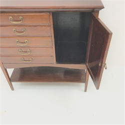  Edwardian inlaid mahogany music cabinet, five fall front drawers flanking single cupboard, square tapering supports joined by an undertier, W81cm, H85cm, D38cm  