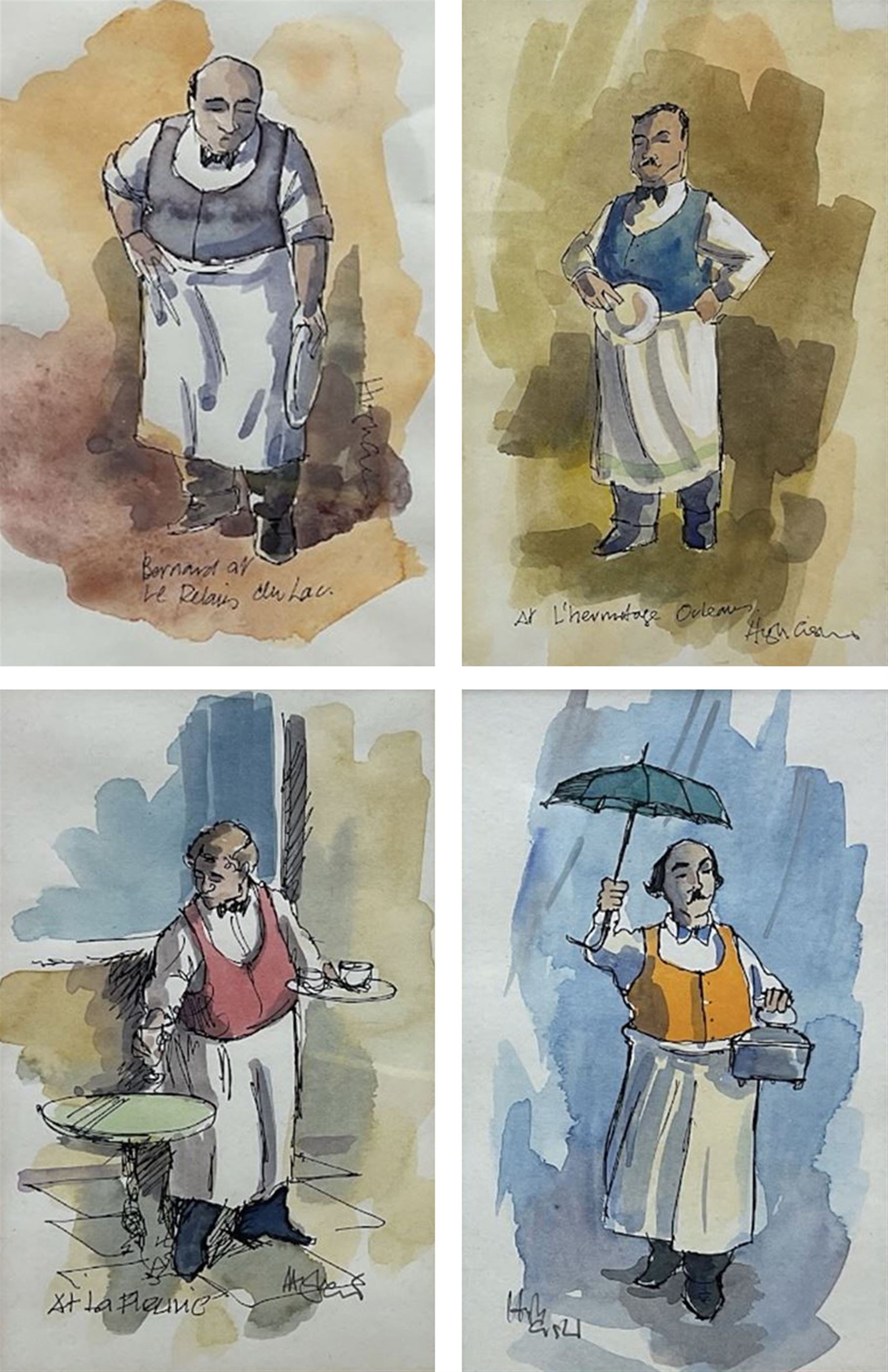 Hugh Cushing (British 20th century): 'Cafe at La Fleurie' 'Claude on Pub Duty' 'At L'Hermitage Orleans', 'Bernard at le Relais du Lac', set four pen and watercolours signed and titled 14cm x 9cm
