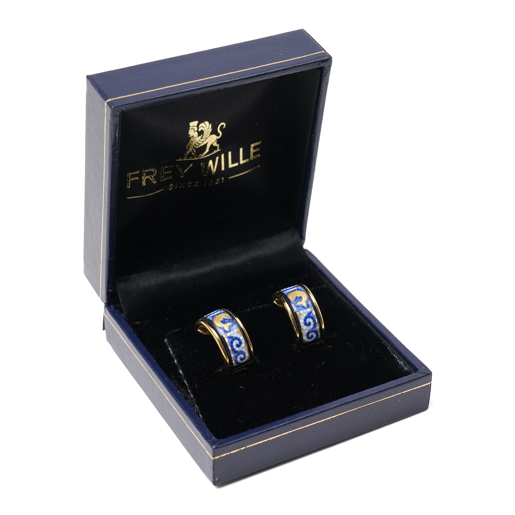 Frey Wille gold plated and enamel suite of jewellery from the Dolphins of Poseidon collection, including a pair of hoop earrings, hinged bangle and pendant on snake chain necklace, all boxed