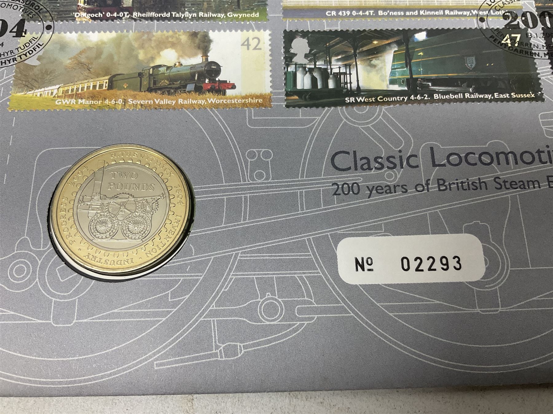 Seven The Royal Mint Royal Mail two pound coin covers, including 1999 'Rugby World Cup', 2003 'DNA Discoveries', 2004 'Classic Locomotives', 2007 '300th Anniversary of the Act of Union' etc