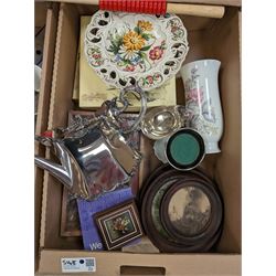Silver plated teapot, sauce boat and trophy cup, together with Royal Doulton and Roslyn tea wares, Brio game, and other ceramics and glassware, in two boxes 