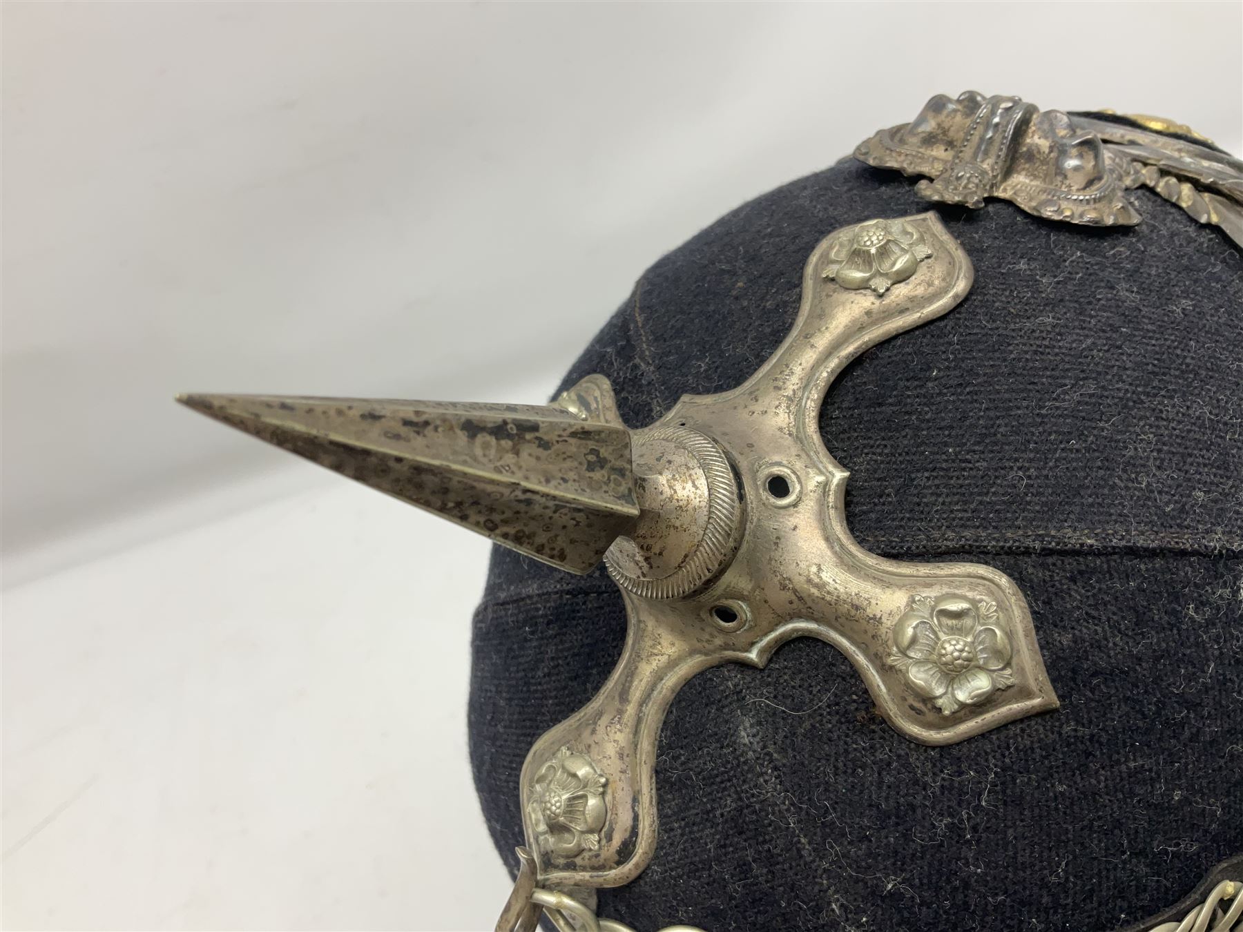 Victorian British Army South Lancashire Regiment 1st Volunteer Battalion other ranks blue cloth home service helmet with helmet plate, spike and chinstrap