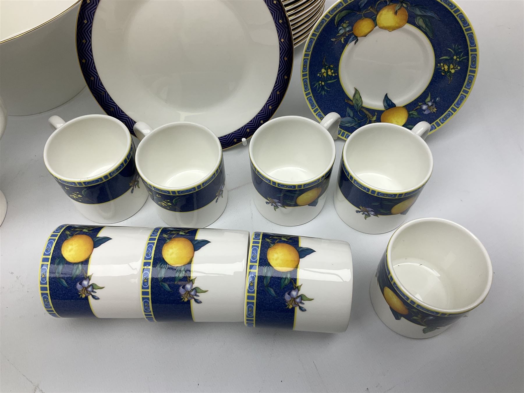 Wedgwood Midnight pattern tea and dinner wares, comprising seven cups and saucers, large jug, eight soup bowls, two large bowls, together with wedgwood citrons coffee wares