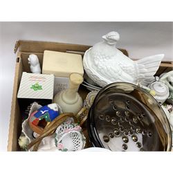 Set of four contemporary Mosa Holland tiles, three further tiles, Grayshott pottery clock, motto ware teacup and saucer, jug and mug, Royal Albert Old Country Roses, Chinese mud men figures, Spode etc and Quantity of ceramics and glassware to include art glass vase, Royal Grafton, Royal Doulton and Colclough dinner wares, Poole, copper lustre, vases etc in six boxes