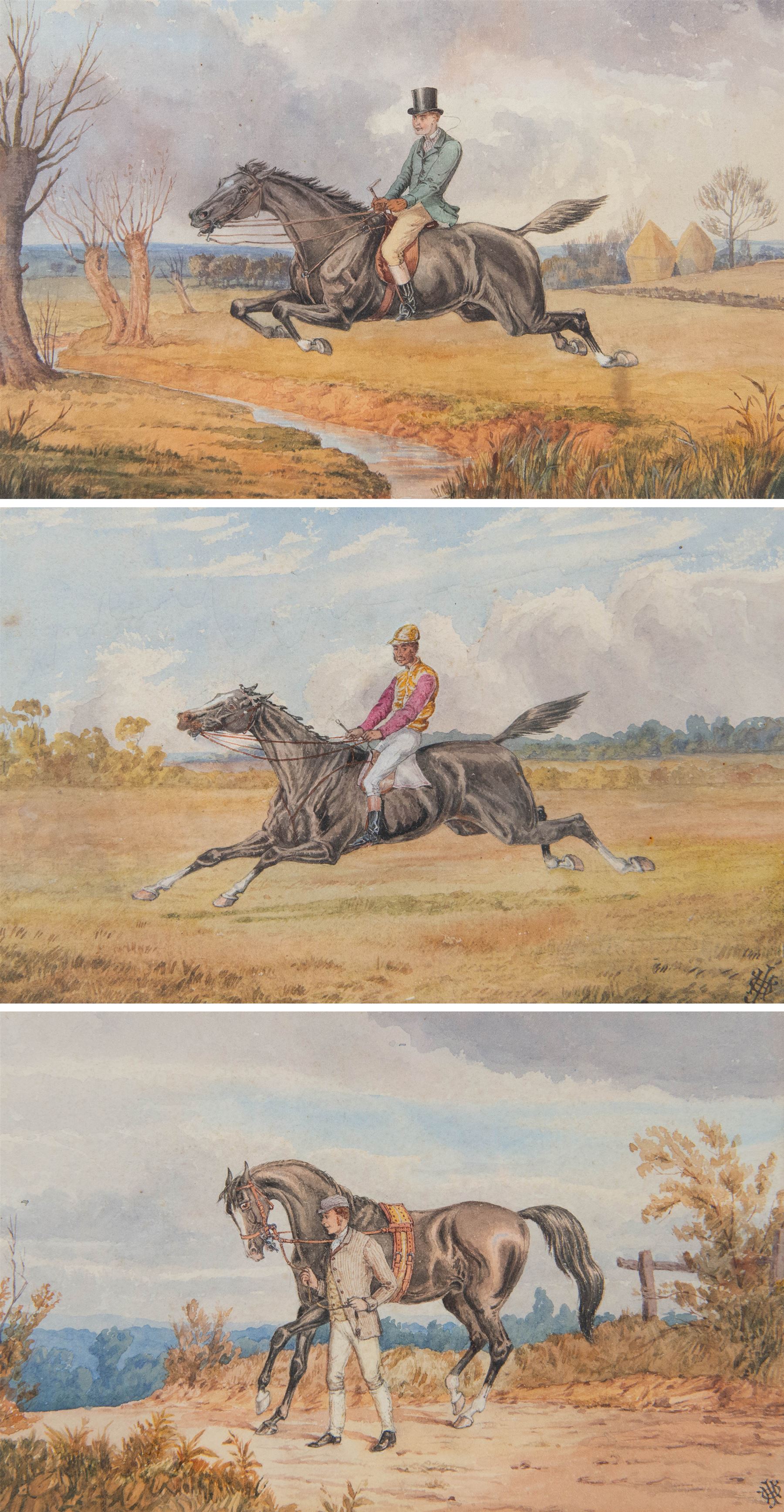 English School (Late 19th Century): Gentlemen and their Horses, set of three watercolours signed with monogram JHD?, 15cm x 24cm (3)