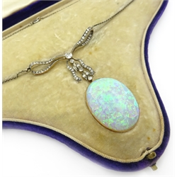  Belle Epoque diamond ribbon necklace with gold opal pendant in velvet case  