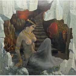 Michael Jain after Igor Samschova (20th century): Bejewelled Female Nude in Mythical Cave setting, oil on canvas signed 76cm x 76cm