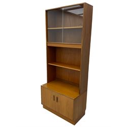 G-Plan teak two sectional modular wall display cabinet, fitted with sliding glass doors, double cupboard and three drawers