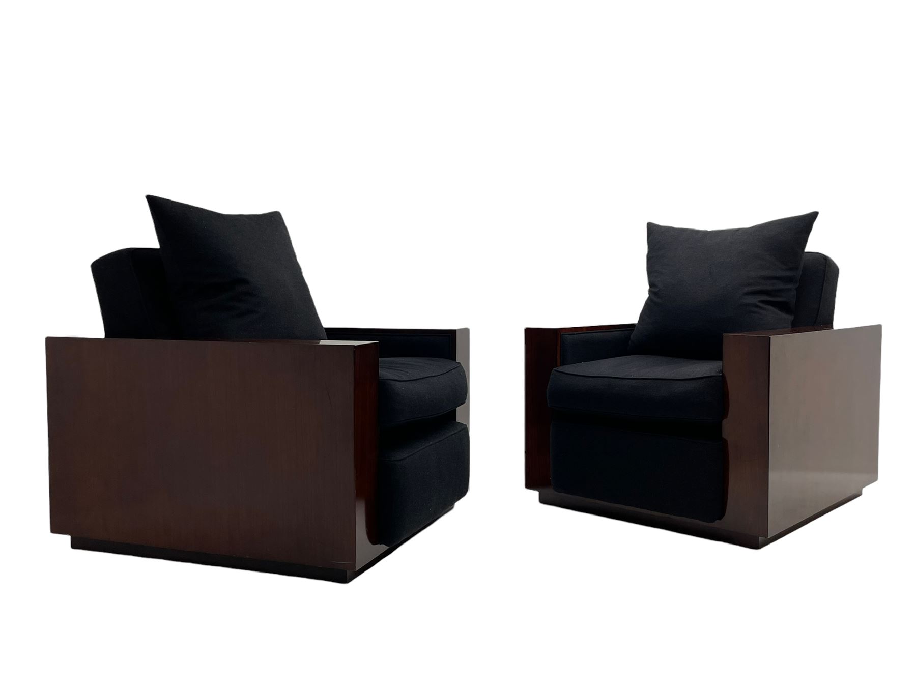 Ralph Lauren - pair 'Metropolis' Art Deco design club armchairs, rosewood finish box frame, upholstered in black fabric