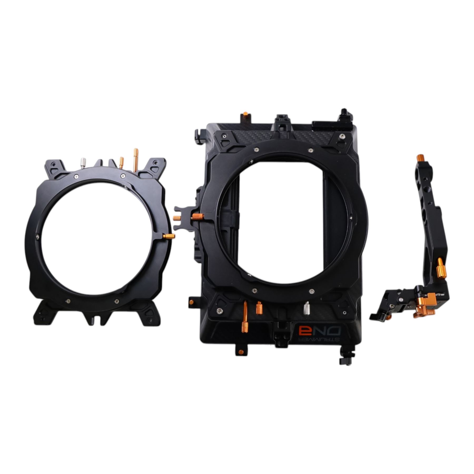 Bright Tangerine Strummer DNA Matte Box with three filter plates, 19mm studio rod holder and 15mm swing away arm, set of five masks, three donuts 138mm, 110mm, 87mm and three top and side flags, contained within a Peli 1550 case