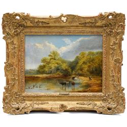 George Dodgson Callow (British 1829-1875): Cows Wading through a Calm River, oil on canvas unsigned 22cm x 30cm