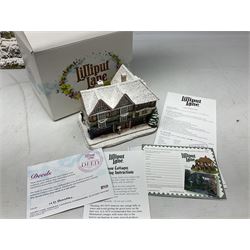 Five Lilliput Lane Illuminated Cottages, comprising Christmas is Coming, with box and deed, Christmas at Mol's, with box and deed, Christmas in Canterbury, with box and deed, Christmas Lights at Sweet Delights and The Three Kings, with box and deeds, together with twelve other Lilliput lanes, to include The First Noel, with box and deed, Winters Moonlight, Yuletide treats, with box and deed etc (17)