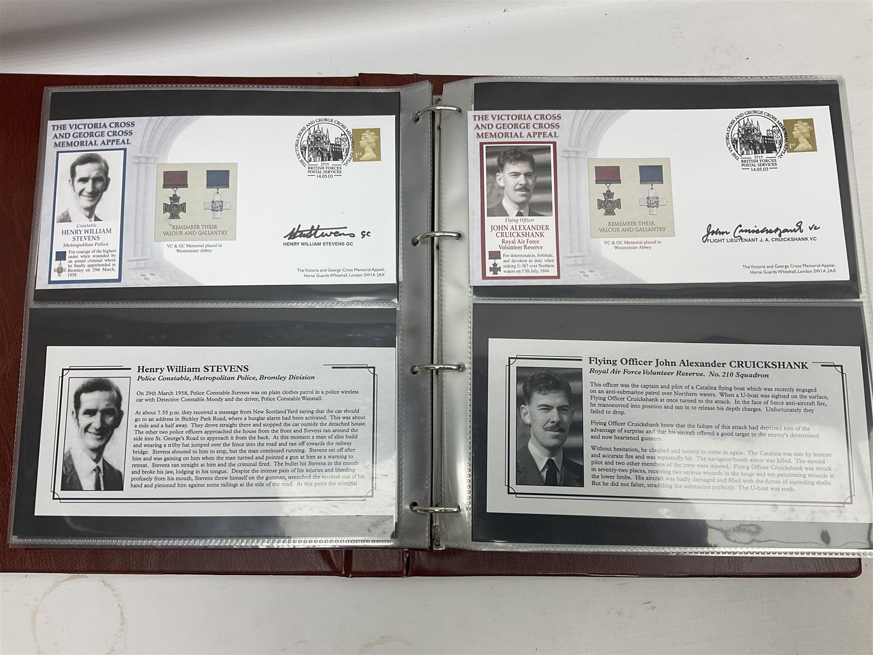 Album containing over seventy Victoria Cross and George Cross related First Day Covers, Medal Covers, Coin Covers, PHQ cards and postcards, Presentation Packs etc; some bearing signatures of the recipient.