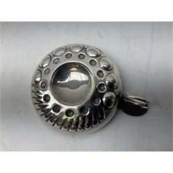 French silver plated wine taster of typical form, stamped, together with a silver plated napkin ring, and an 'Alpaca Silver' pill box with mother of pearl detailed cover, (3)