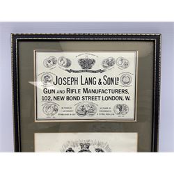 Framed display of three trade gun case labels for Joseph Lang & Son, Henry Atkin and Stephen Grant & Sons, mounted in Hogarth style frame 56 x 25cm