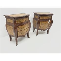 Pair French walnut commode bedside chests, three graduating drawers, shaped stile supports 