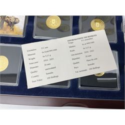 Collection of six Somali Republic 1/10oz (3.11 grams) fine gold 100 shillings coins, dated 2016, 2017, 2018, 2019, 2020 and 2021, housed in a presentation box