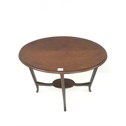 Edwardian inlaid mahogany oval occasional table, shaped supports, joining undertier 