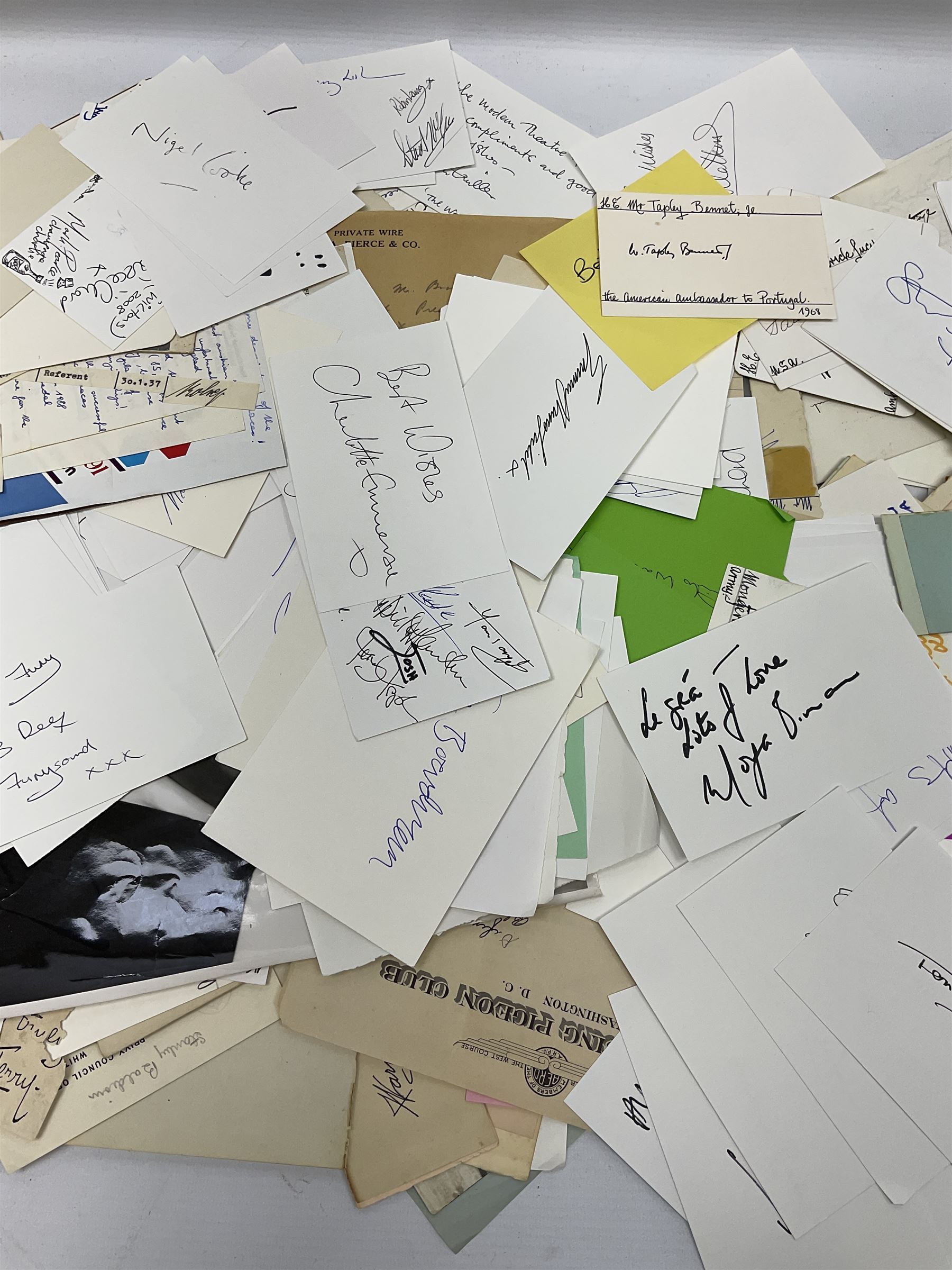 Collection of over 600 autographs on cards, clipped pieces, letters etc including William Gladstone, Lord North, Randolph Churchill, Hugh Dalton, Philip Noel-Baker, Philip Burne-Jones, Tiger Woods, Ben Hogan, Cindy Crawford, Viv Nicholson, Roddy Doyle, Diana Cooper, Woody Allen, Roy Orbison, Mary Wilson, Sammy Davis Jr., Clive Brook, Roger Quilter, Chay Blyth, Chris Bonington, John Lodge, Trevor Bayliss, Penelope Wilton, Tom O'Connor, Charles Aznavour, Alan Tichmarsh, Michael Ball, Thelma Barlow, Jack Brymer, Paul Badura-Skoda, John Lill, John Conteh, Charlotte Knollys, Arthur Godfrey, Eric Sykes, Queen Noor of Jordan, Victoria Gledenning, Madeleine Albright etc