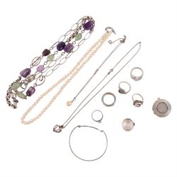 Silver and silver stone set jewellery, including cultured pearl necklace, rings, pendants, etc